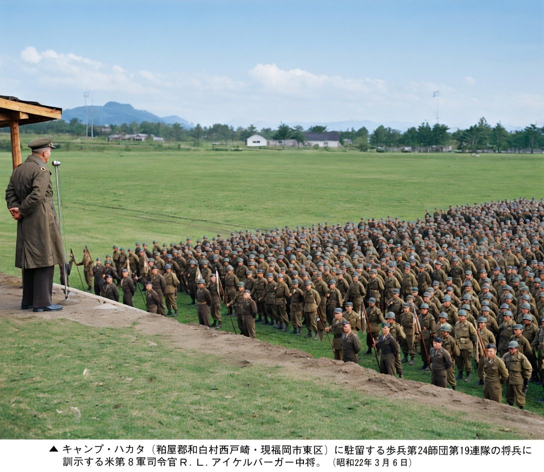 Lt_Gen_Eichelberger_visits_Camp_Hakata_and_troops_of_19th_Regt_24th_Inf_Div 1947-03-06_GrokAI_rendition