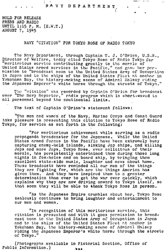 US_NAVY_Citation_for_Tokyo_Rose_Obrien_1945-08-07